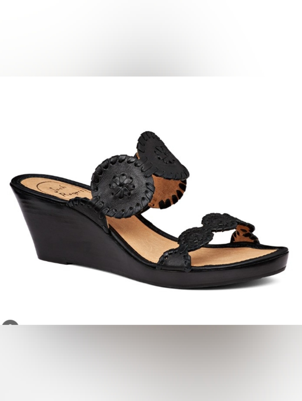 Jack Rogers Black Leather Wedge Sandals Floral Cutout Straps Whip Stitching